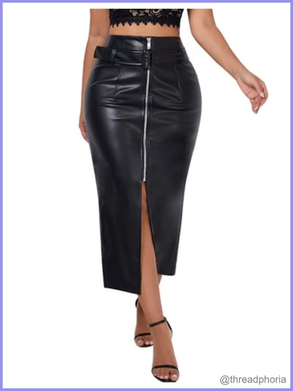 Women's Zip Up Midi PU Leather Skirt with Belt High Waist Split